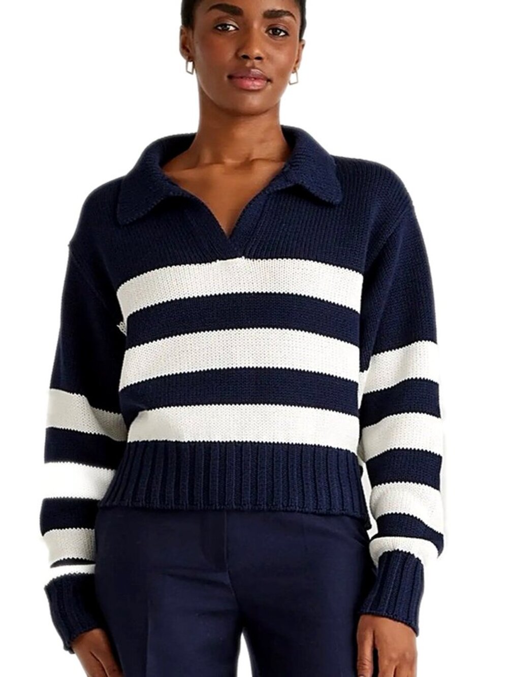 Quince Sweater 100% Organic Cropped Cotton Polo Sweater Navy Blue White Stripe M